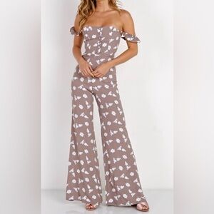Flynn Skye Bardot Floral Off-Shoulder Jumpsuit in Taupe